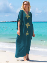 Boho Maxi Dress - Beach Dress, Kaftan Dress Vintage Embroidered in Liliana Navy