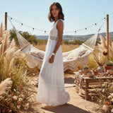 Bohemian Maxi Gown – “Ivory Reverie” Sleeveless Lace-Up Summer Dress