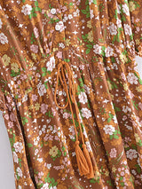 Bohemian Maxi Dress – “Amber Wildflower” Brown Floral Button-Front Tassel-Tie Boho Dress