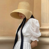 Boho Sun Beach Hat - Retro Handwoven Raffia Wide Brim Hat