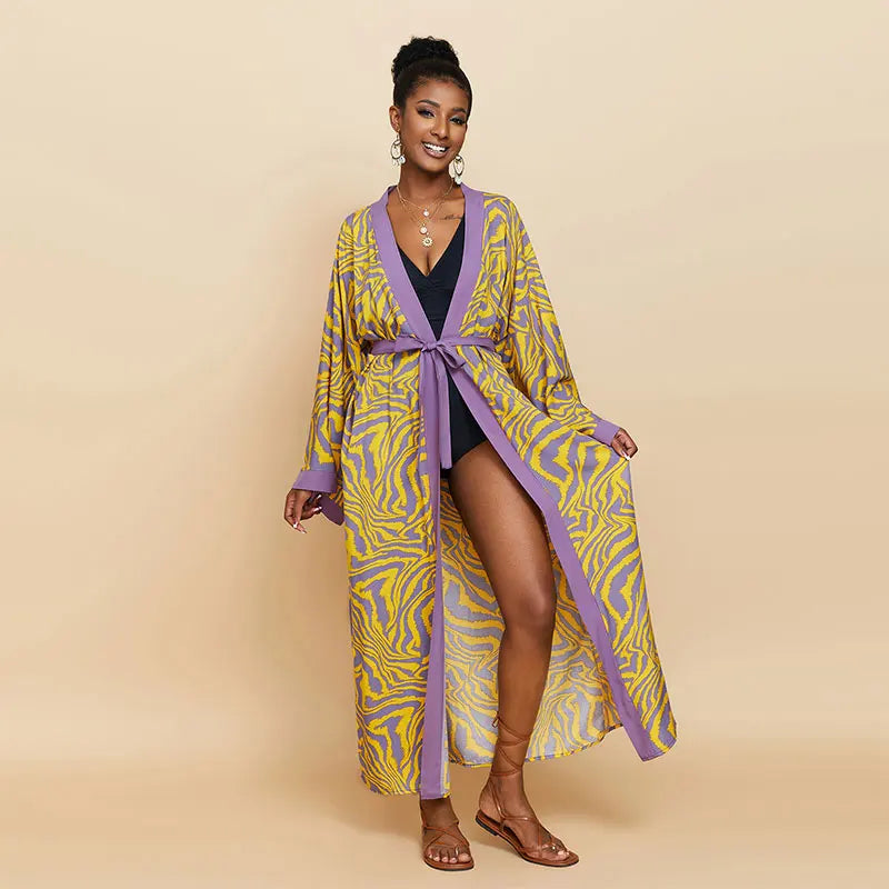 Beach Robe - Boho Robe - Summer Chic Cover-Up with Tie Dye Ausha Stripe Black Yellow