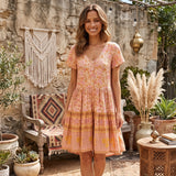 Boho Mini Dress – “Orchid Mosaic” Floral V-Neck Short Sleeve Mini Dress