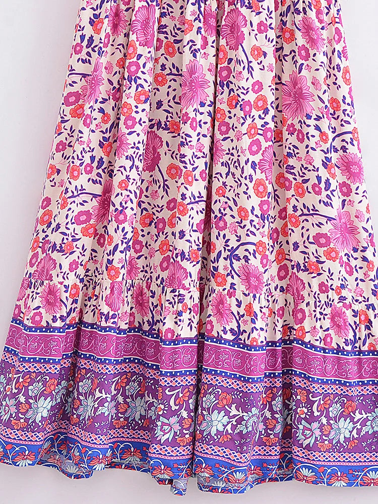 Boho Chic Maxi Dress – Floral Print Summer Sundress Elowen in Purple, Green and Pink