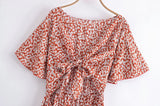Boho Mini Dress – “Wildflower Waltz” Floral & Leopard Bow-Front Cutout Dress
