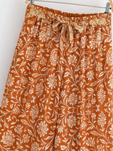 Boho Wide Leg Pants – “Saffron Meadow” Rust Floral Drawstring Palazzo Pants
