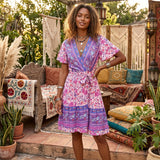 Boho Mini Dress – “Rosewood Mosaic” Pink Floral Short Sleeve Wrap Dress