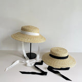 Boho Hat - Wide Brim Straw Sun Hat with Vintage Style Bamby Black Ribbon