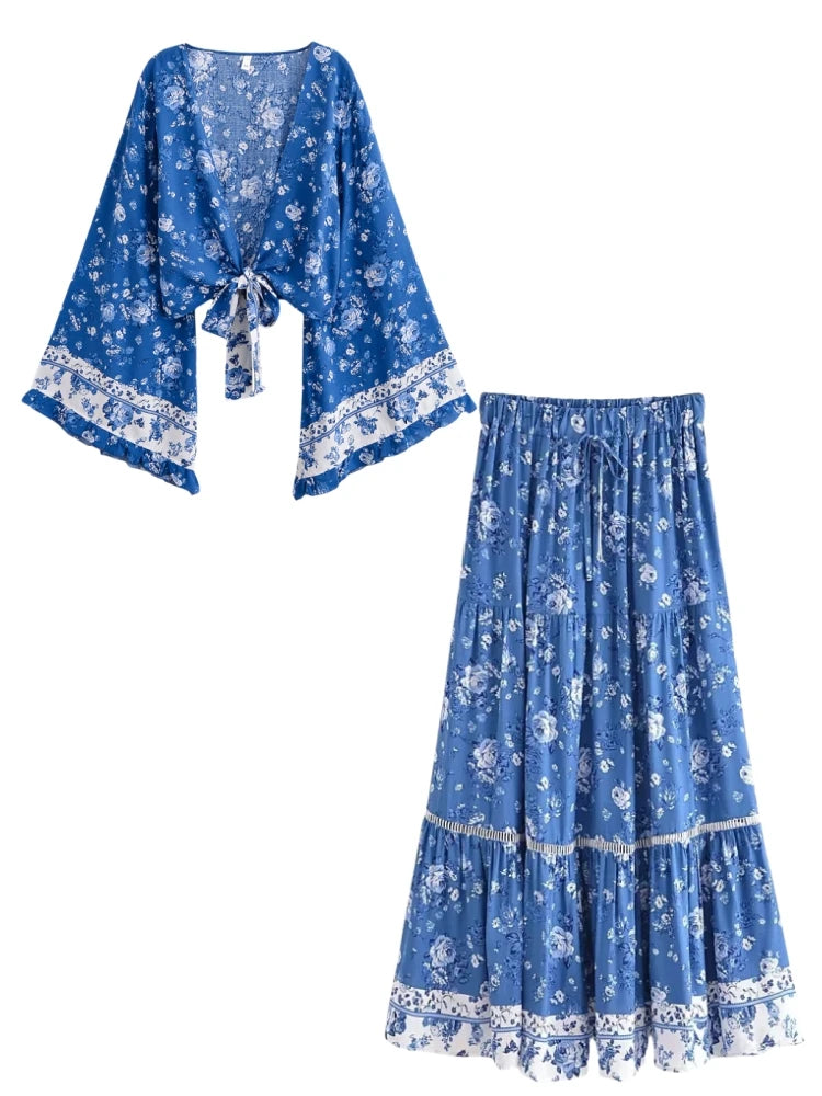 Bohemian Two Piece Set – Bluebell Aria Floral Crop Top and Flowing Maxi Skirt