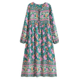 Bohemian Maxi Gown – “Emerald Wildflower” Green Floral Long Sleeve Tie-Neck Dress