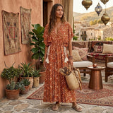 Bohemian Maxi Gown – “Amber Garden” Brown Floral Batwing Sleeve Tassel Dress
