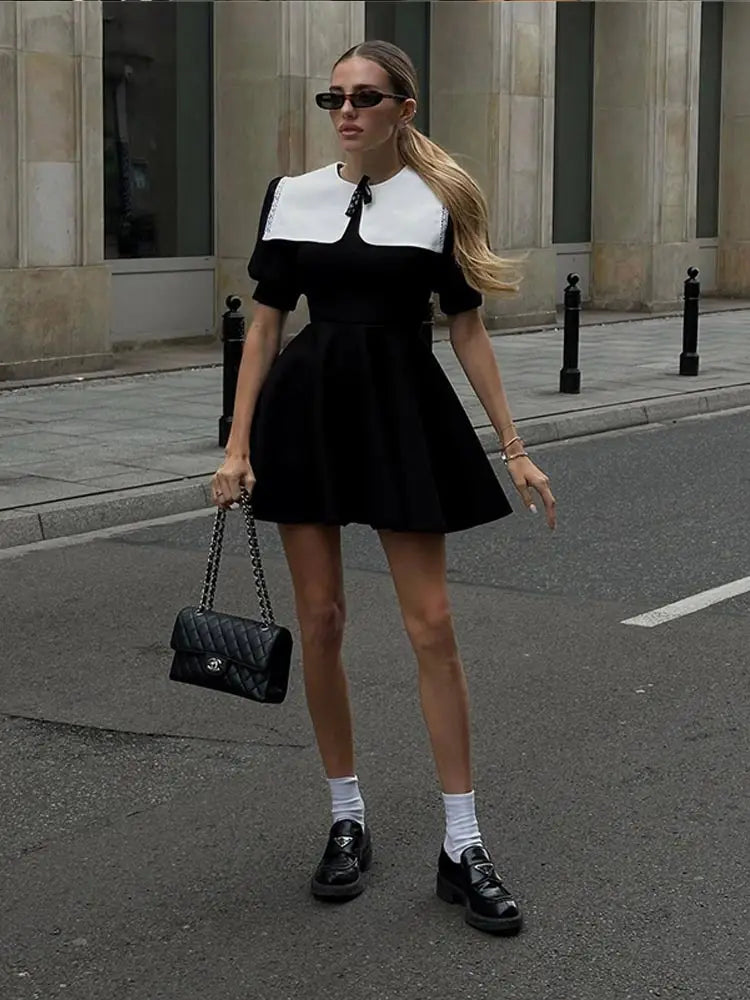 Vintage Mini Dress - Doll Collar, Long Sleeve, Summer Party Club Dress Ariyah in Black and Grey