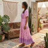 Boho Maxi Dress – “Lavender Reverie” Purple Floral Short Sleeve V-Neck Dress
