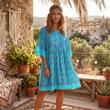 Boho Mini Dress – “Turquoise Reverie” Paisley Batwing Sleeve Loose Dress