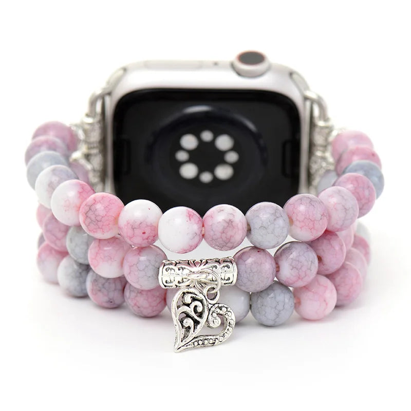 Boho Apple Watch Band - Silver Pink Rhinestone Beads Wrist Strech Bracelet