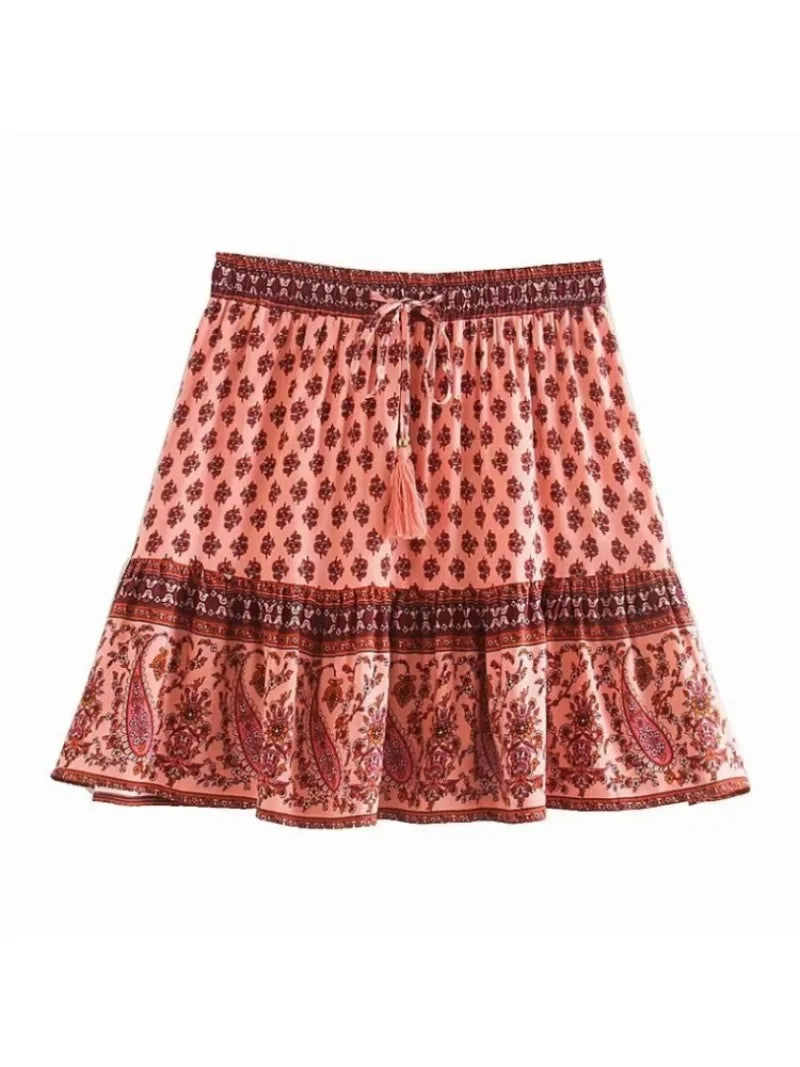 Boho Mini Skirt – “Tangerine Coast” Floral Print Beach Skirt in Teal & Rust Orange