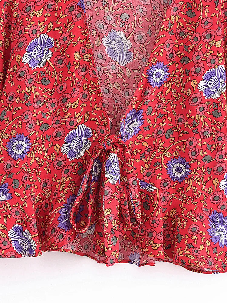 Boho Tops for Women - Bohemian Blouse - Navy, Blue and Red Floral Tie-Front Blouse