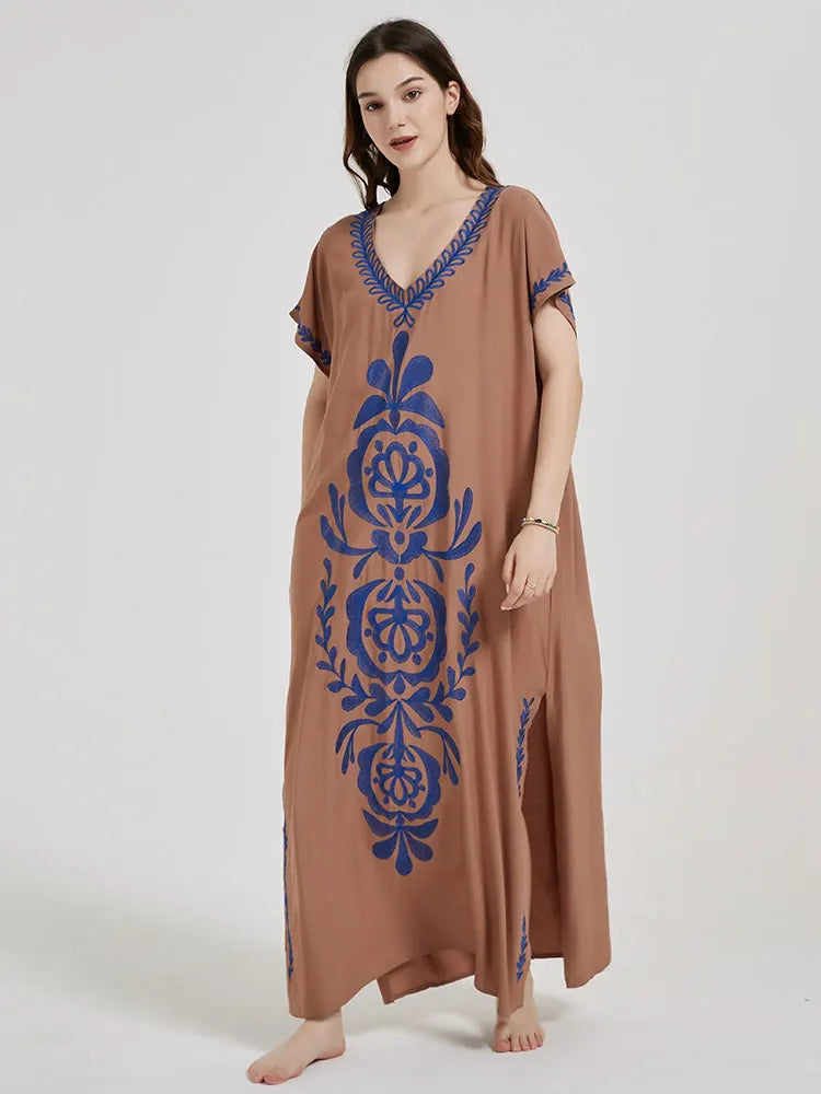 Boho Maxi Dress - Beach Dress, Kaftan Dress Vintage Embroidered in Myla Blue and Black