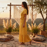 Bohemian Maxi Dress – “Honey Solstice” Yellow Sunflower V-Neck Tie-Waist Boho Dress