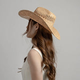 Boho Sun Beach Hat - Hollow Raffia Cowboy Straw Hat