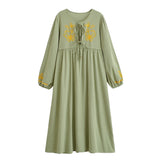 Bohemian Maxi Dress – “Botanical Muse” Butterfly Embroidered Long Sleeve Tie-Neck Dress