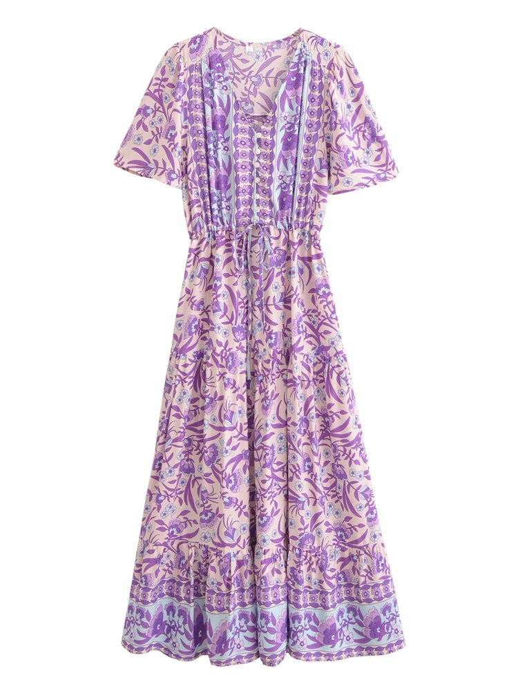 Boho Chic Maxi Dress – Floral Print Summer Sundress Elowen in Purple, Green and Pink