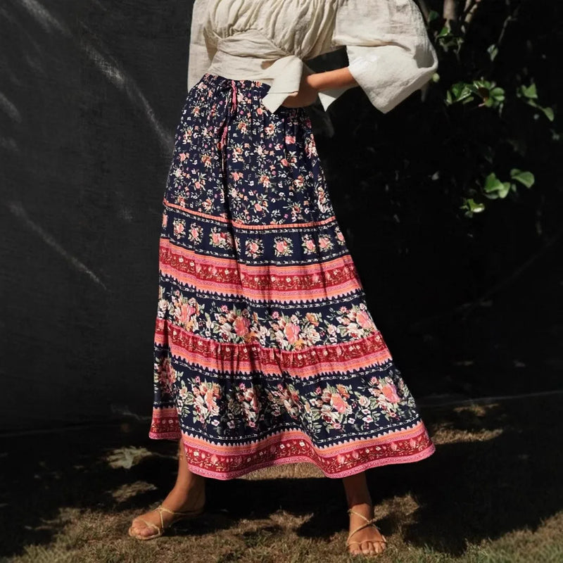 Boho Maxi Skirt – “Midnight Peony” Floral Print Skirt in Navy & Rose Stripe