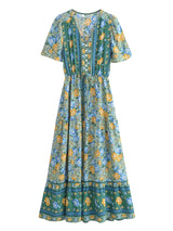 Boho Chic Maxi Dress – Floral Print Summer Sundress Elowen in Purple, Green and Pink