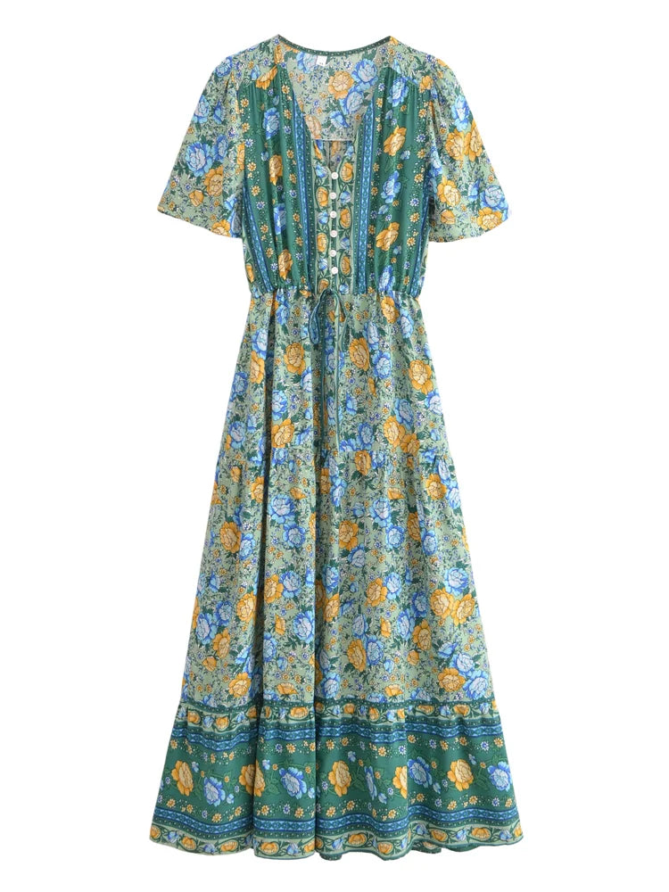 Boho Chic Maxi Dress – Floral Print Summer Sundress Elowen in Purple, Green and Pink