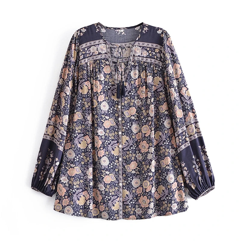 Boho Blouse – “Wild Petal” – Boho Floral Tunic Tops in Pink & Blue