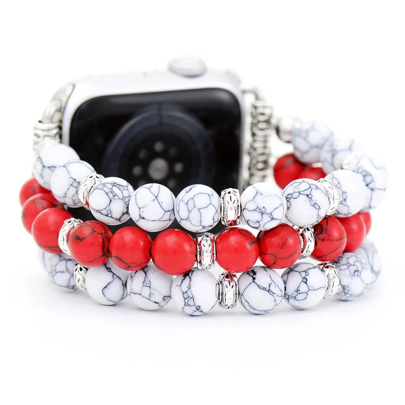 Boho Apple Watch Band - Silver White Red Jaspers Beads Wrist Strech Bracelet