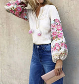 Boho Blouse – “Petal Muse” Embroidered Floral Sleeve Top in Ivory & Pink