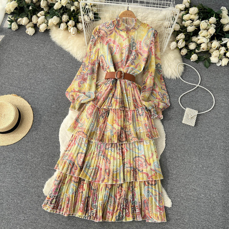 Maxi Dress - Boho Vintage Pleated Dress - Summer Print Floral Vintage Charlotte Yellow