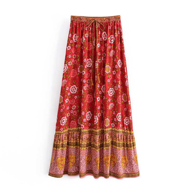 Boho Skirt, Hippie Skirts, Maxi Skirt, Verbena Flower in Red