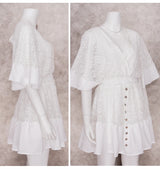 Boho Mini Dress – Boho White Dres –“Whisper Light” Batwing Sleeve Mini Sundress with Buttons