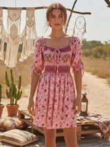 Boho Mini Dress – “Meadow Serenade” Floral Short Sleeve Summer Sundress