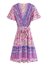 Boho Mini Dress – “Rosewood Mosaic” Pink Floral Short Sleeve Wrap Dress
