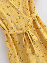 Bohemian Maxi Dress – “Honey Solstice” Yellow Sunflower V-Neck Tie-Waist Boho Dress