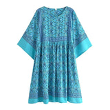 Boho Mini Dress – “Turquoise Reverie” Paisley Batwing Sleeve Loose Dress