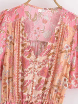 Bohemian Maxi Dress – “Rosewater Bloom” Pink Floral Tie-Neck Pleated Maxi Dress