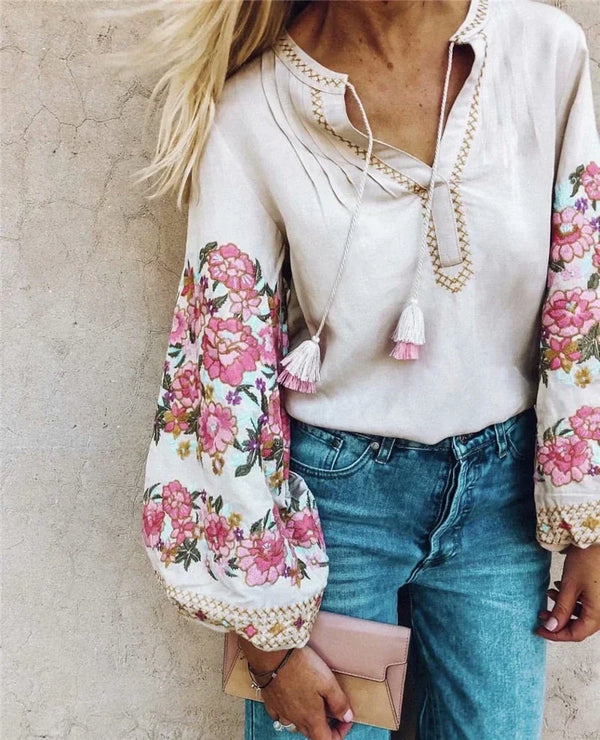 Boho Blouse – “Petal Muse” Embroidered Floral Sleeve Top in Ivory & Pink