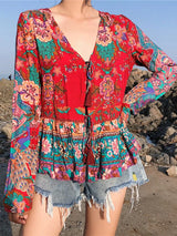 Boho Blouse – “Festival Fire” V-Neck Tribal Print Top in Red