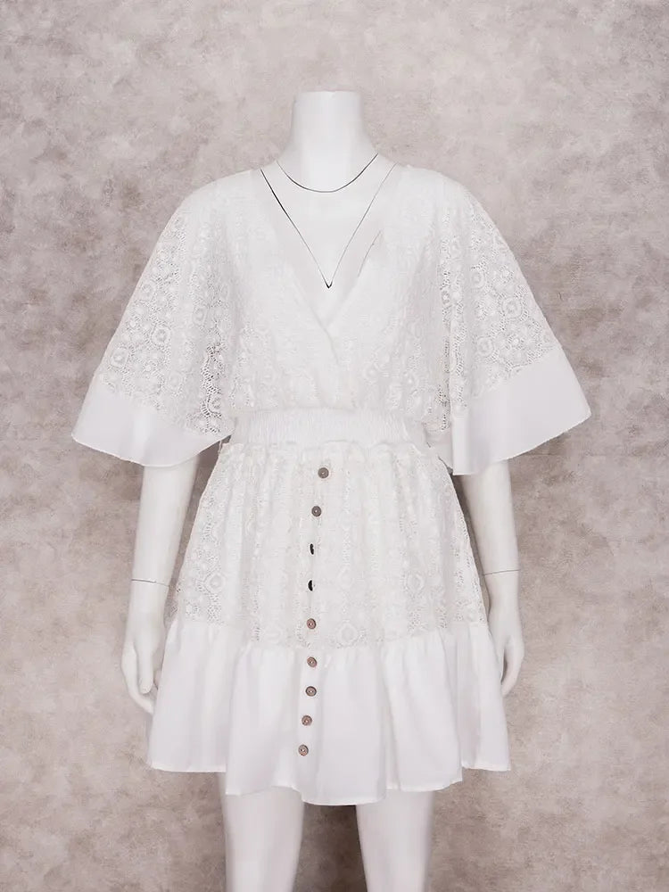 Boho Mini Dress – Boho White Dres –“Whisper Light” Batwing Sleeve Mini Sundress with Buttons