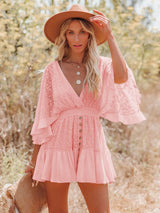 Boho Mini Dress – Boho White Dres –“Whisper Light” Batwing Sleeve Mini Sundress with Buttons