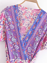 Boho Mini Dress – “Rosewood Mosaic” Pink Floral Short Sleeve Wrap Dress