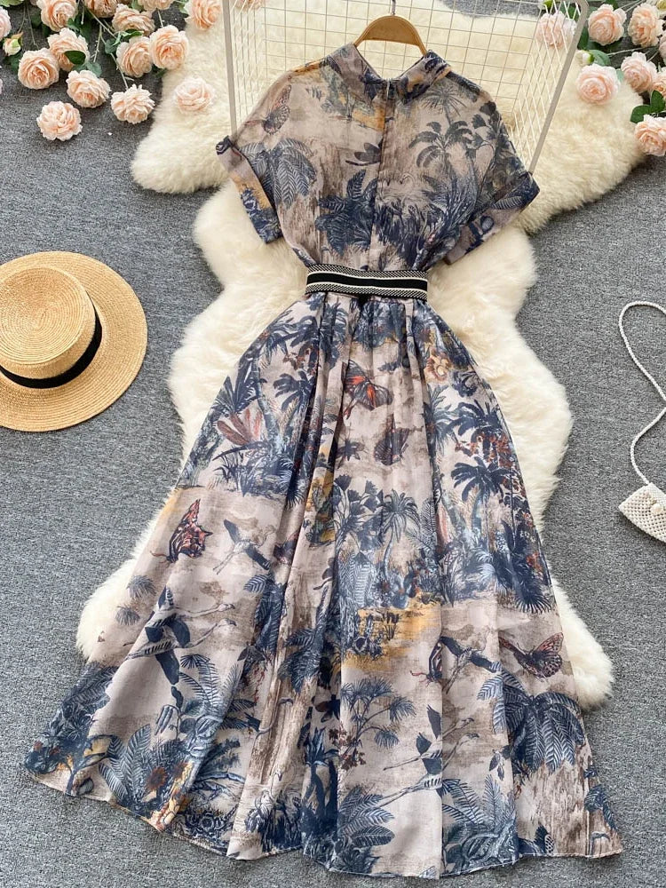 Vintage Boho Midi Dress - Embroidered Bohemian Style Shirt Dress with Beach Print