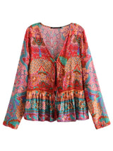 Boho Blouse – “Festival Fire” V-Neck Tribal Print Top in Red