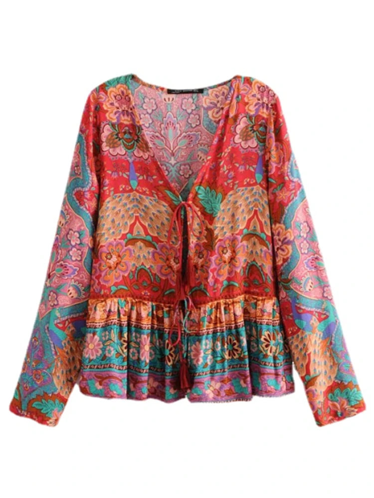 Boho Blouse – “Festival Fire” V-Neck Tribal Print Top in Red