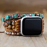 Boho Apple Watch Band - Agate Beaded Gold Blue Beads Wrist Bracelet Rope Strap