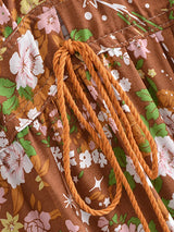 Bohemian Maxi Dress – “Amber Wildflower” Brown Floral Button-Front Tassel-Tie Boho Dress