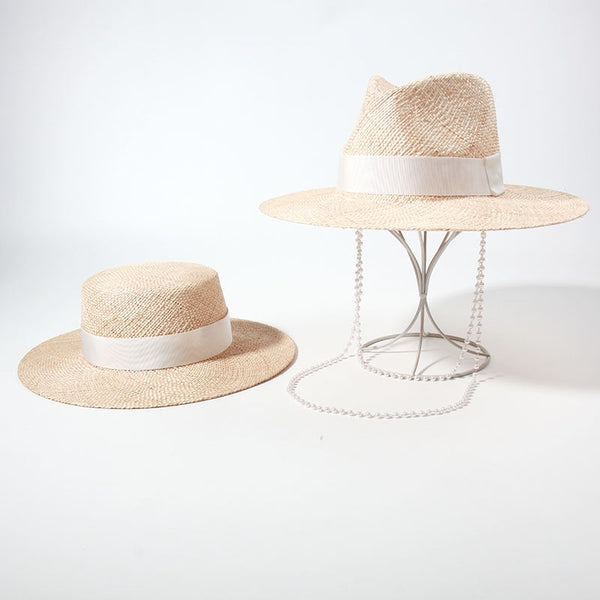 Double Chain Strap Fedora Hat for Women - Summer Sun Hats with Neck Pearls - Sunshade Beach Hat - Raffia Wedding Hat